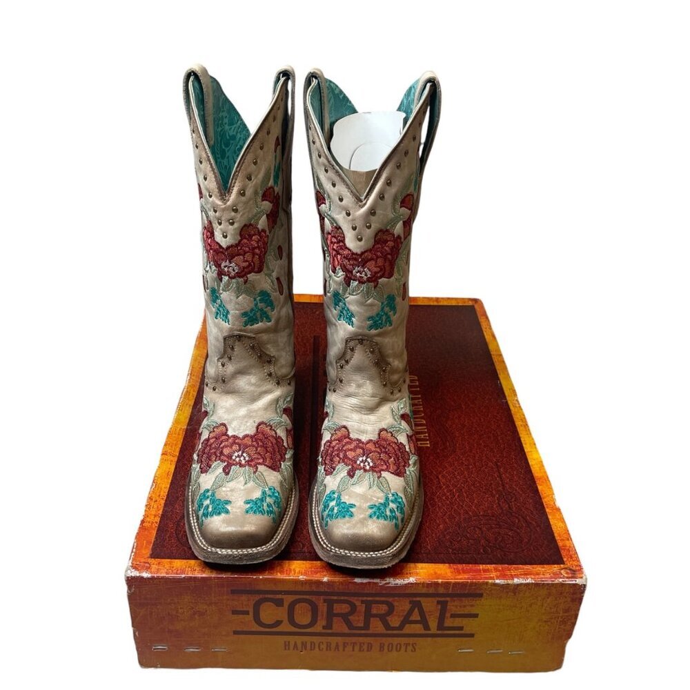 Corral Floral Embroidered Square Toe Leather Beige Western Cowgirl Boots size 9